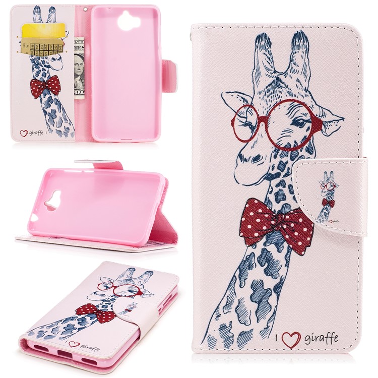 Pattern Printing Wallet Leather Stand Cover for Huawei Y5 (2017) / Y6 (2017) - Adorable Giraffe Wearing Glasses-1