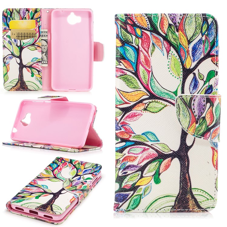 Pattern Printing Wallet Leather Cell Phone Case para Huawei Y5 (2017) / Y6 (2017)-colorized árvore-1