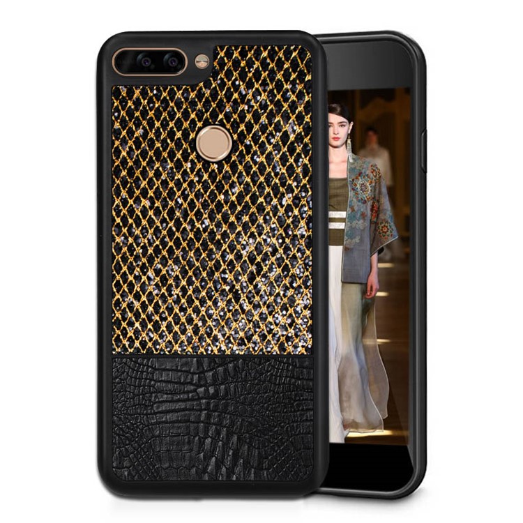 Crocodile Texture PU Leather Coated Splicing Rhomboid Mesh Pattern PC Back Case for Huawei Honor 8 Pro / Honor V9 - Gold-1