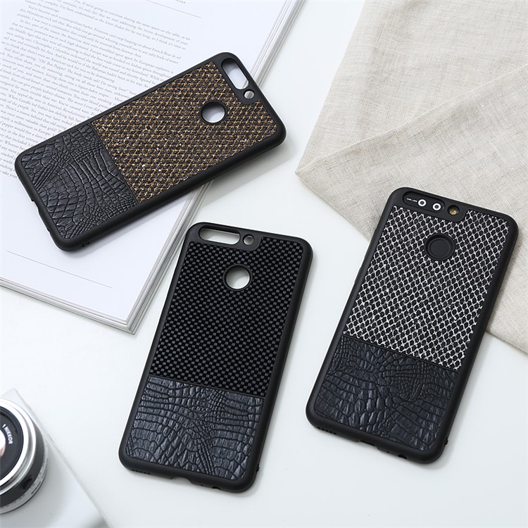 Crocodile Texture PU Leather Coated Splicing Rhomboid Mesh Pattern PC Back Case for Huawei Honor 8 Pro / Honor V9 - Gold-3