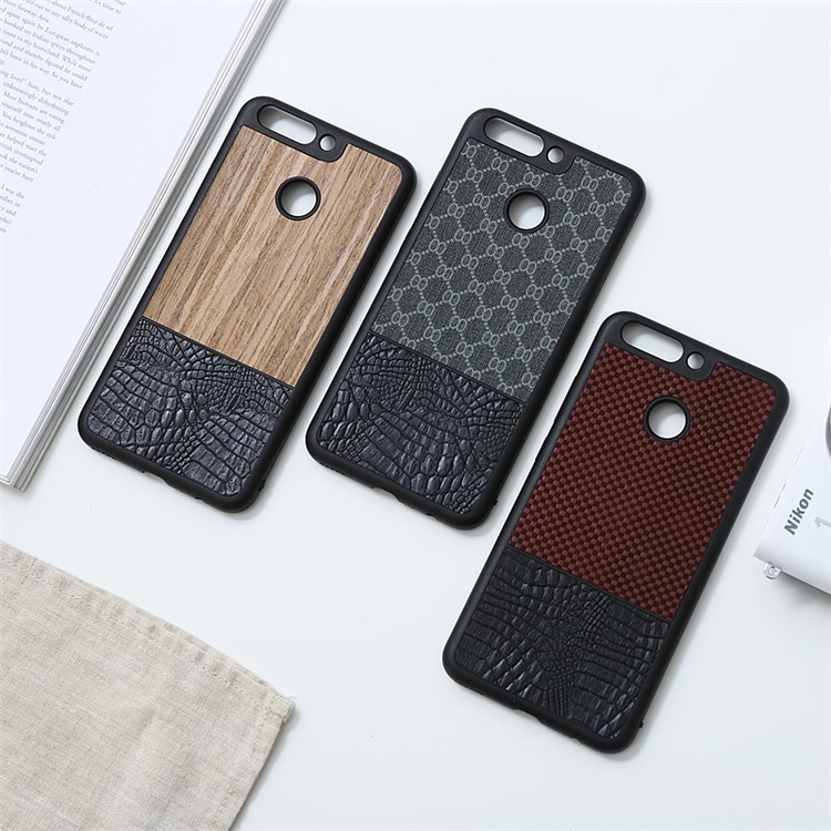 Crocodile Texture PU Leather Coated Splicing Rhomboid Mesh Pattern PC Back Case for Huawei Honor 8 Pro / Honor V9 - Gold-5
