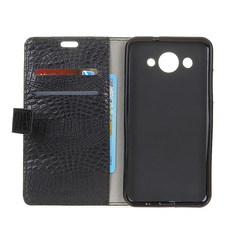 Crocodile Texture Leather Wallet Stand Casing with Stand for Huawei Y3 (2017) - Black-4
