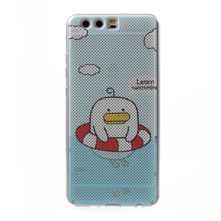 Hollow Mesh Pattern Printing Plastic Mobile Phone Case for Huawei P10 Plus - Cute Duckling Swimming with a Ring-1