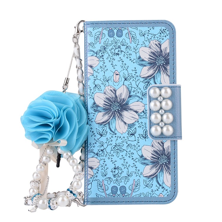 Pearl Decorated Blue Flower Patterned Wallet Leather Mobile Shell for Huawei P10 Plus-1