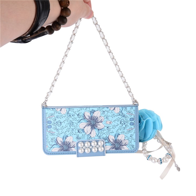 Pearl Decorated Blue Flower Patterned Wallet Leather Mobile Shell for Huawei P10 Plus-10
