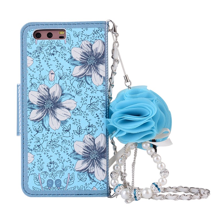 Pearl Decorated Blue Flower Patterned Wallet Leather Mobile Shell for Huawei P10 Plus-2