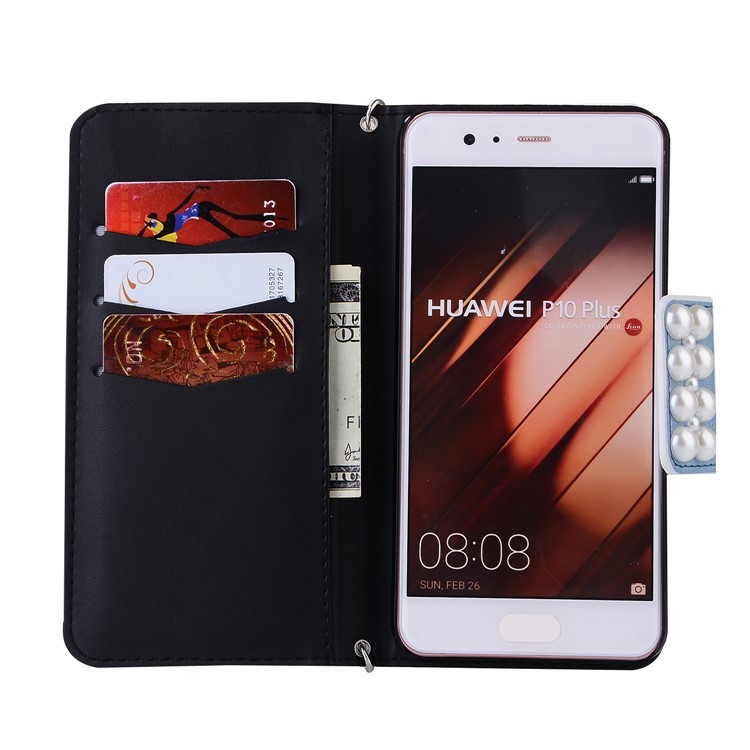Pearl Decorated Blue Flower Patterned Wallet Leather Mobile Shell for Huawei P10 Plus-3