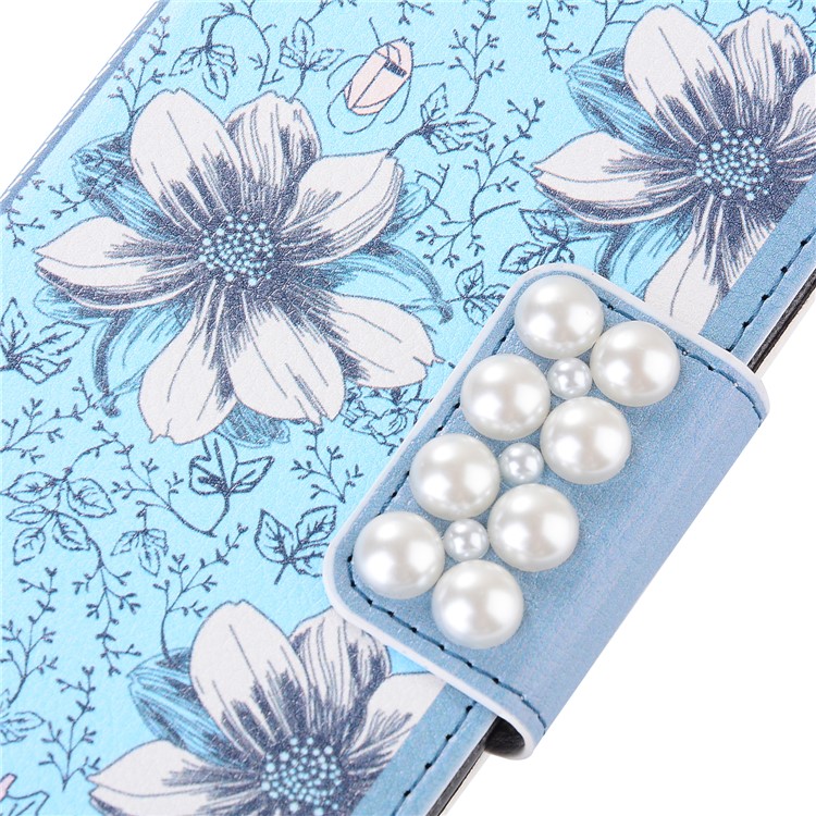 Pearl Decorated Blue Flower Patterned Wallet Leather Mobile Shell for Huawei P10 Plus-6