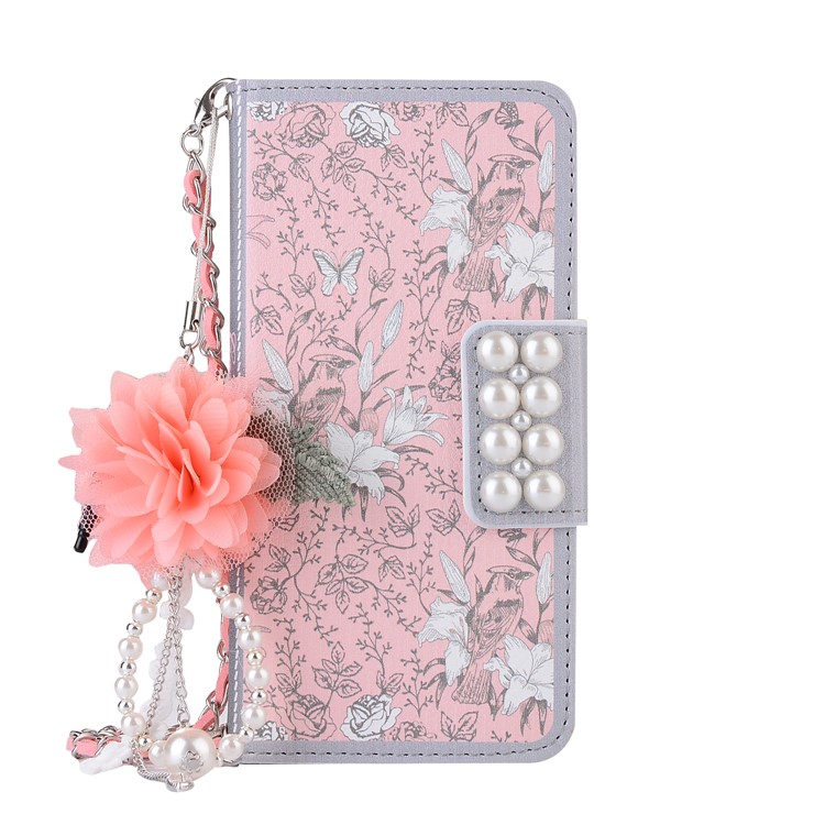 Pearl Decorated Pink Flower Patterned Wallet Leather Mobile Shell for Huawei P10-1