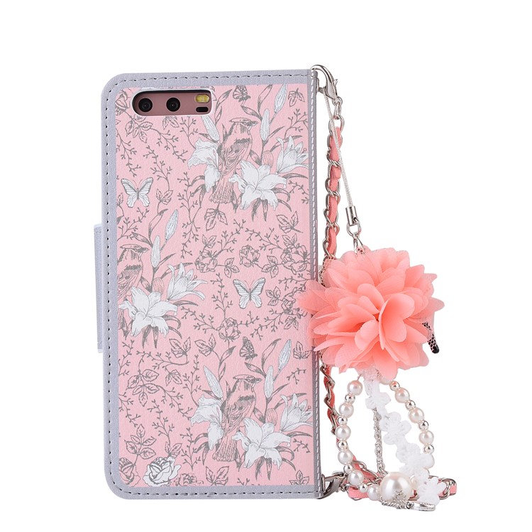 Pearl Decorated Pink Flower Patterned Wallet Leather Mobile Shell for Huawei P10-2