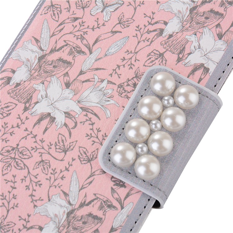 Pearl Decorated Pink Flower Patterned Wallet Leather Mobile Shell for Huawei P10-4