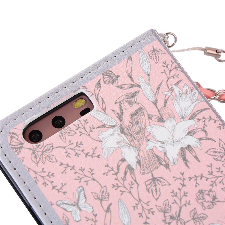 Pearl Decorated Pink Flower Patterned Wallet Leather Mobile Shell for Huawei P10-5