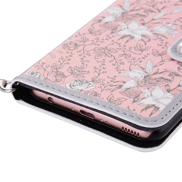 Pearl Decorated Pink Flower Patterned Wallet Leather Mobile Shell for Huawei P10-6