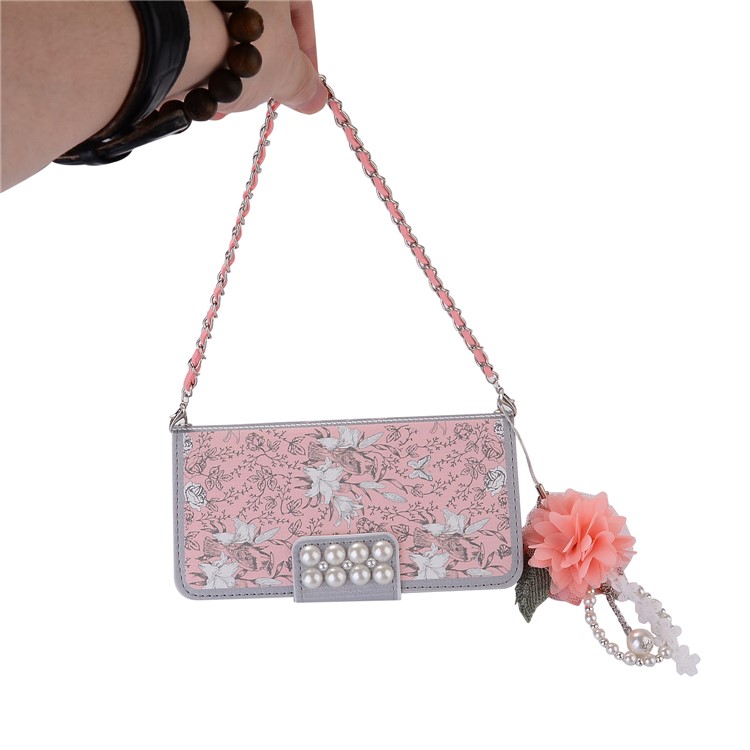 Pearl Decorated Pink Flower Patterned Wallet Leather Mobile Shell for Huawei P10-8