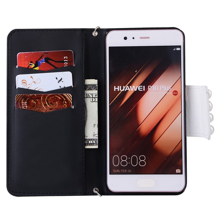 Pearl Decorated Pink Flower Patterned Wallet Leather Mobile Shell for Huawei P10 Plus-3