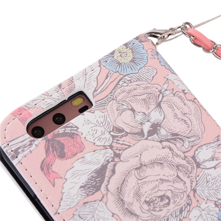 Rose Pattern Wallet Leather Cover Case with Lanyard for Huawei P10 Plus - Pink-6