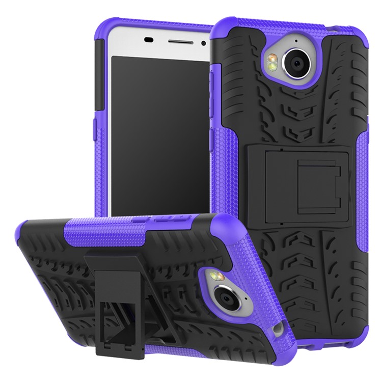 Tyre Pattern Kickstand TPU + PC 2-in-1 Hybrid Mobile Cover Case for Huawei Y5 (2017) / Y6 (2017) - Purple-1