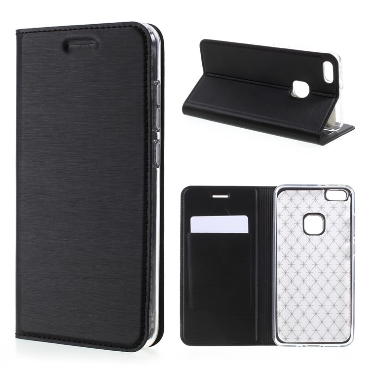 Card Slot Brushed PU Leather Stand Phone Cover for Huawei P10 Lite - Black-1