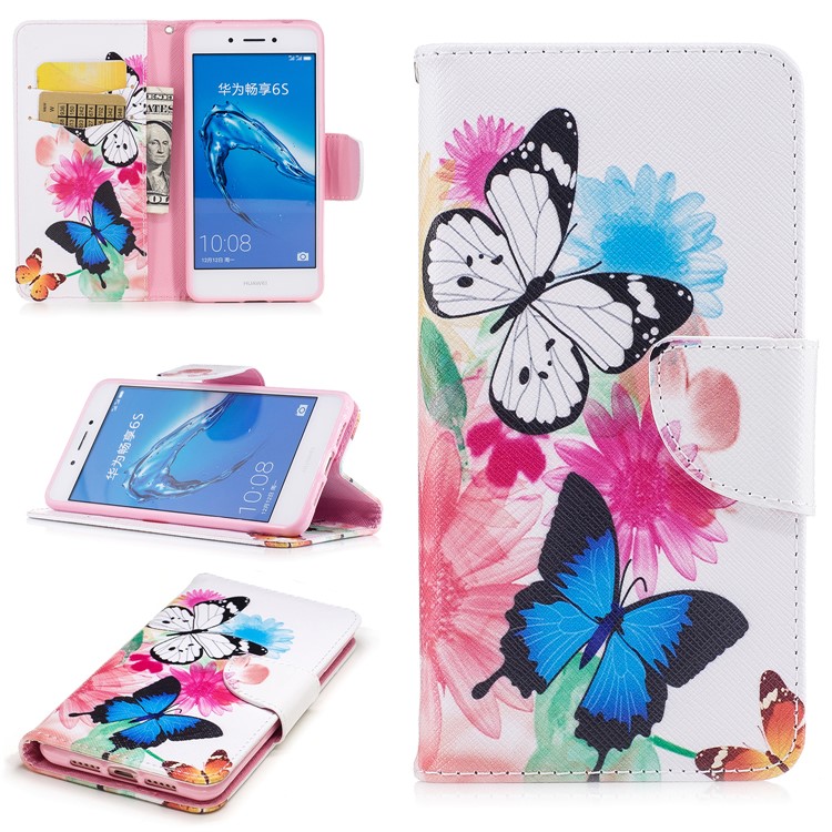 Impression des motifs Portefeuille en cuir PU Boîtier protecteur pour téléphone portable avec support pour Huawei Honor 6c - Papillon et tournesol-1