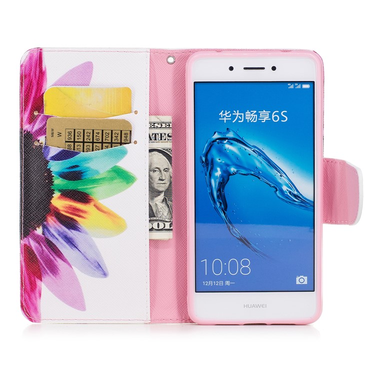 Pattern Printing Magnatic Leather Wallet Phone Casing with Stand for Huawei Honor 6c - Multi-color Sunflower-8