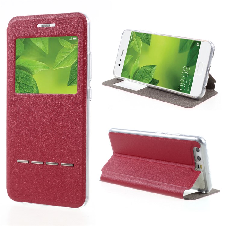 Slide to Answer View Window Folio Leather Cellphone Case for Huawei P10 Flash Powder Design - Red-1