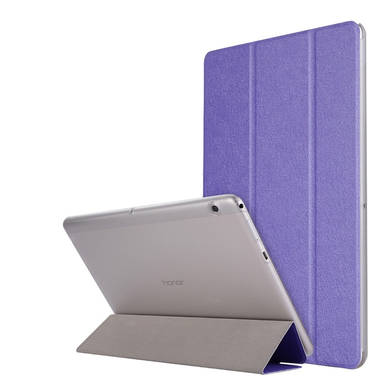 For Huawei MediaPad T3 10 Silk Texture Tri-fold Stand PU Leather Case - Purple-1