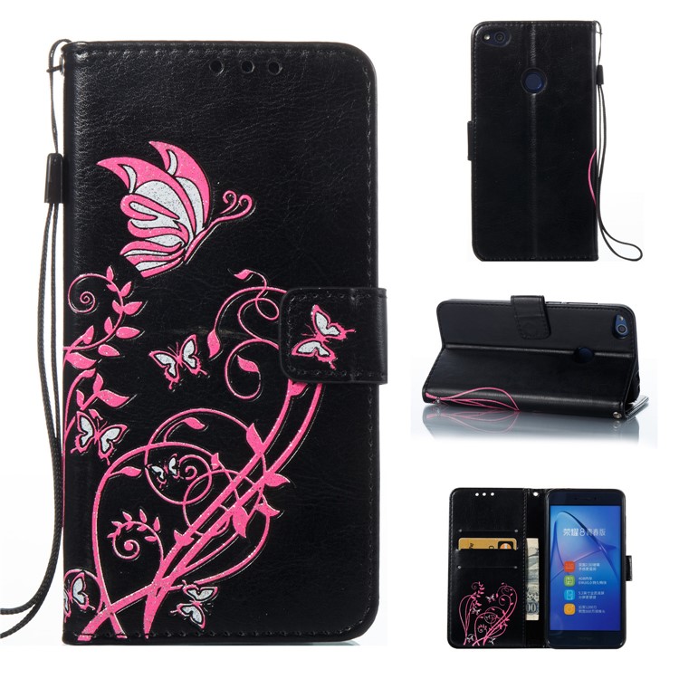 Imprint Colored Butterfly and Flower Wallet Stand Leather Case for Huawei P8 Lite - Black-1
