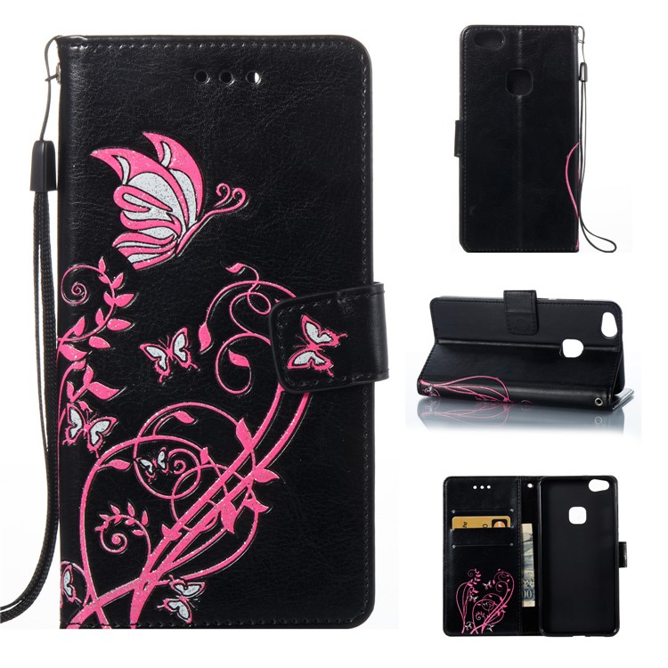 For Huawei P10 Lite Imprint Colored Butterfly and Flower Leather Cover Case - Black-1