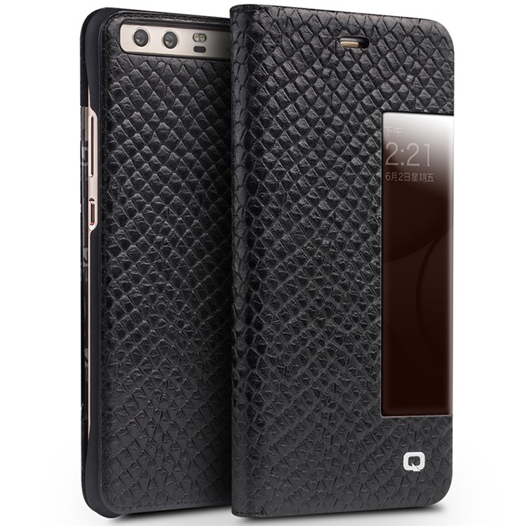 QIALINO Dragon Scale Texture View Window Cowhide Leather Phone Cover for Huawei P10 Plus - Black-1