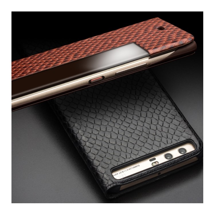 QIALINO Dragon Scale Texture View Window Cowhide Leather Phone Cover for Huawei P10 Plus - Black-10