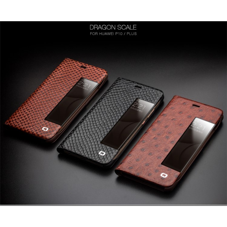 QIALINO Dragon Scale Texture View Window Cowhide Leather Phone Cover for Huawei P10 Plus - Black-16