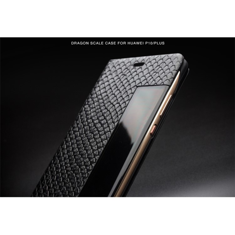 QIALINO Dragon Scale Texture View Window Cowhide Leather Phone Cover for Huawei P10 Plus - Black-18