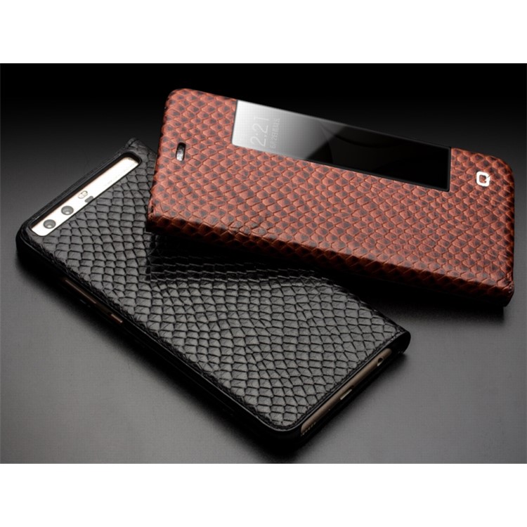 QIALINO Dragon Scale Texture View Window Cowhide Leather Phone Cover for Huawei P10 Plus - Black-8