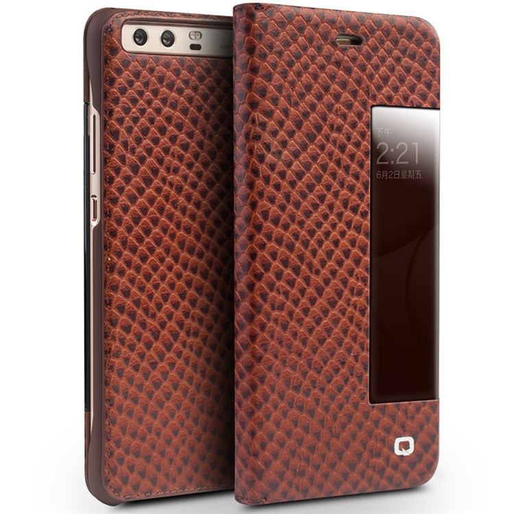 QIALINO View Window Cowhide Leather Dragon Scale Texture Phone Case for Huawei P10 Plus - Brown-1