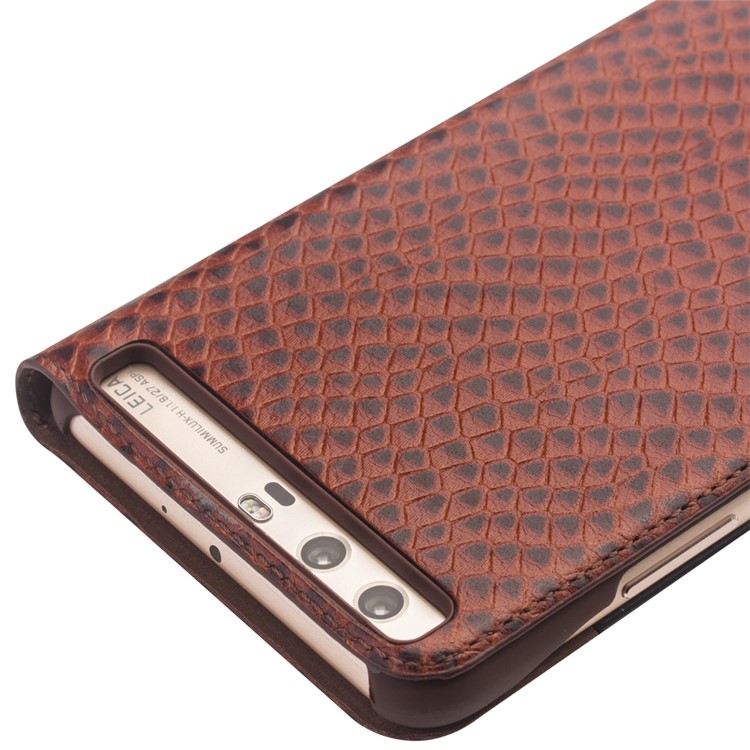 QIALINO View Window Cowhide Leather Dragon Scale Texture Phone Case for Huawei P10 Plus - Brown-4