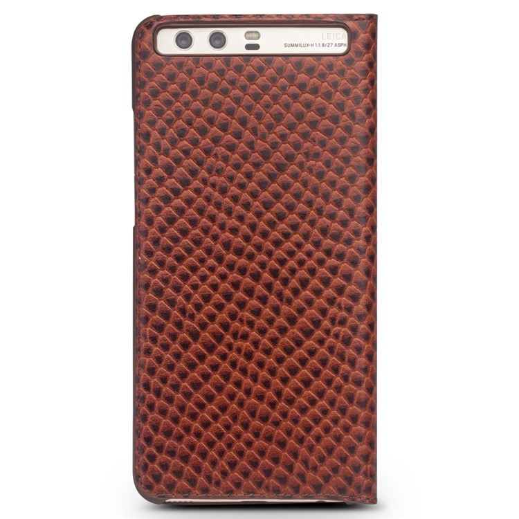 QIALINO View Window Cowhide Leather Dragon Scale Texture Phone Case for Huawei P10 Plus - Brown-5