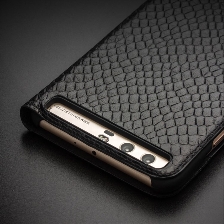 QIALINO Dragon Scale Texture Smart View Window Cowhide Leather Phone Cover for Huawei P10 - Black-12