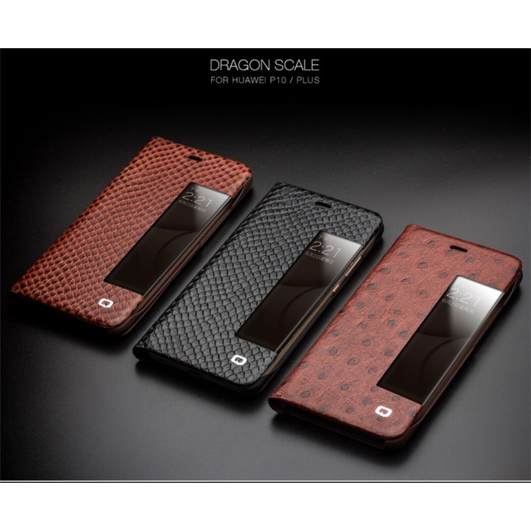 QIALINO Dragon Scale Texture Smart View Window Cowhide Leather Phone Cover for Huawei P10 - Black-15