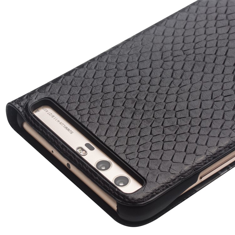 QIALINO Dragon Scale Texture Smart View Window Cowhide Leather Phone Cover for Huawei P10 - Black-4