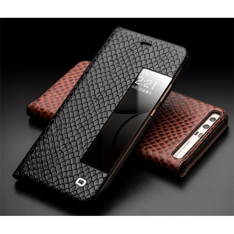 QIALINO Dragon Scale Texture Smart View Window Cowhide Leather Phone Cover for Huawei P10 - Black-8