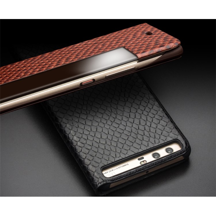 QIALINO Dragon Scale Texture Smart View Window Cowhide Leather Phone Cover for Huawei P10 - Black-9