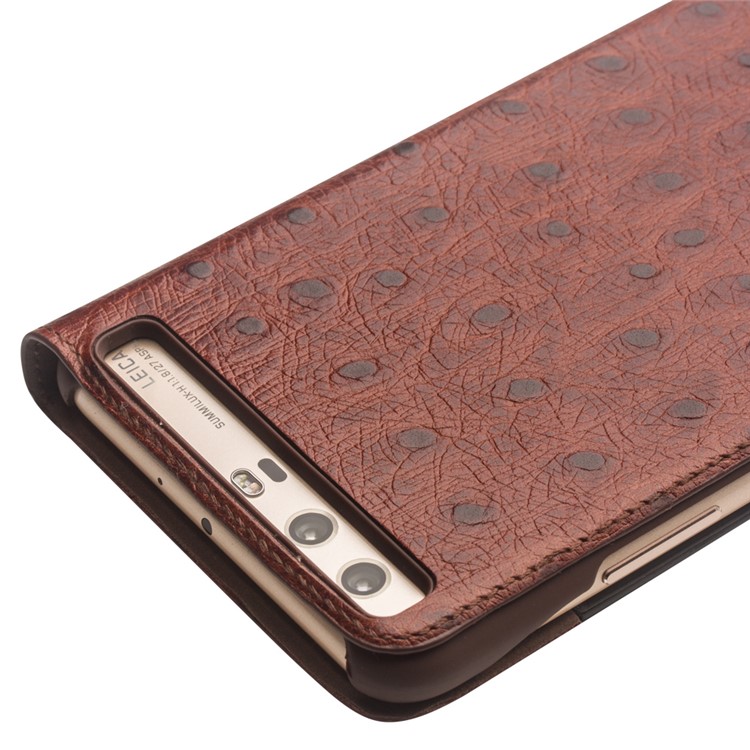QIALINO Ostrich Skin Cowhide Leather Case for Huawei P10 - Brown-4