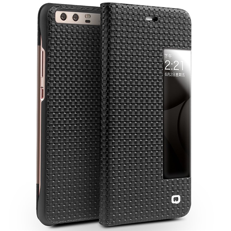 QIALINO Gird Pattern Smart View Window Genuine Leather Cover for Huawei P10 - Black-1