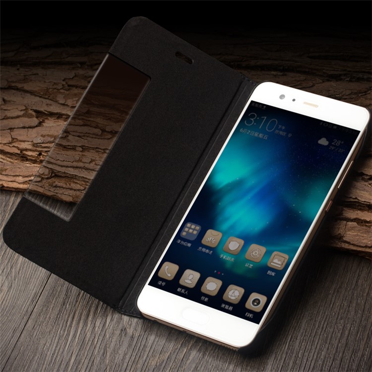 QIALINO Gird Pattern Smart View Window Genuine Leather Cover for Huawei P10 - Black-6