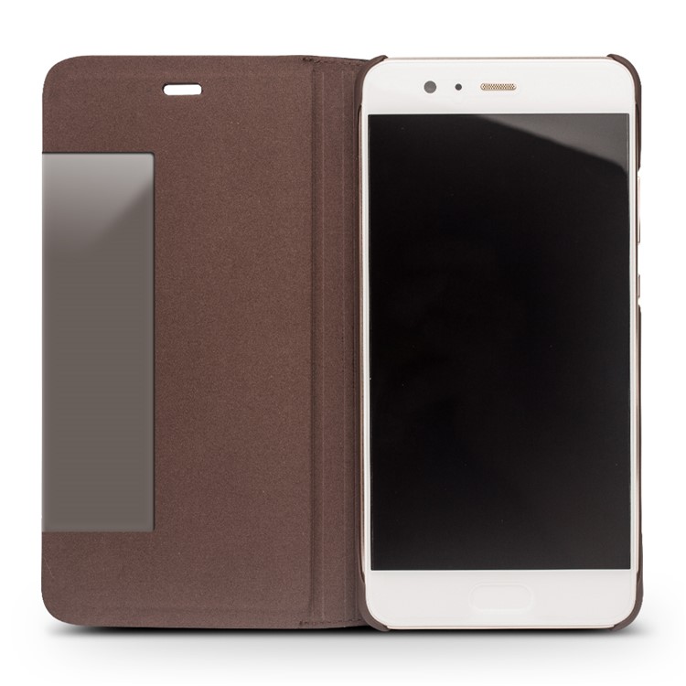 QIALINO Gird Pattern Smart View Window Genuine Leather Case for Huawei P10 - Brown-2