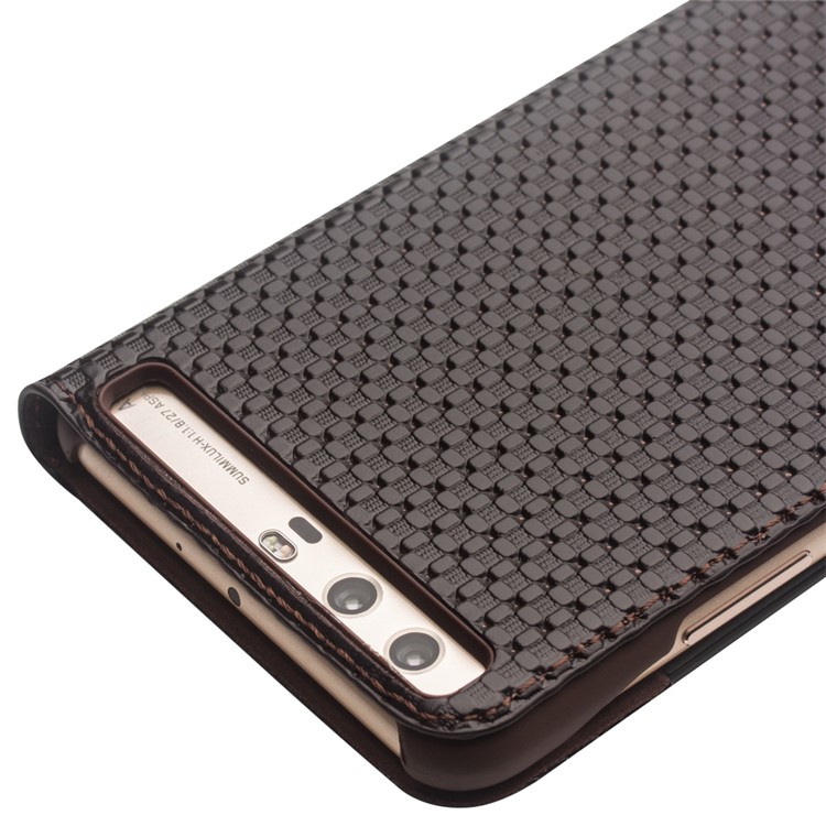 QIALINO Gird Pattern Smart View Window Genuine Leather Case for Huawei P10 - Brown-4