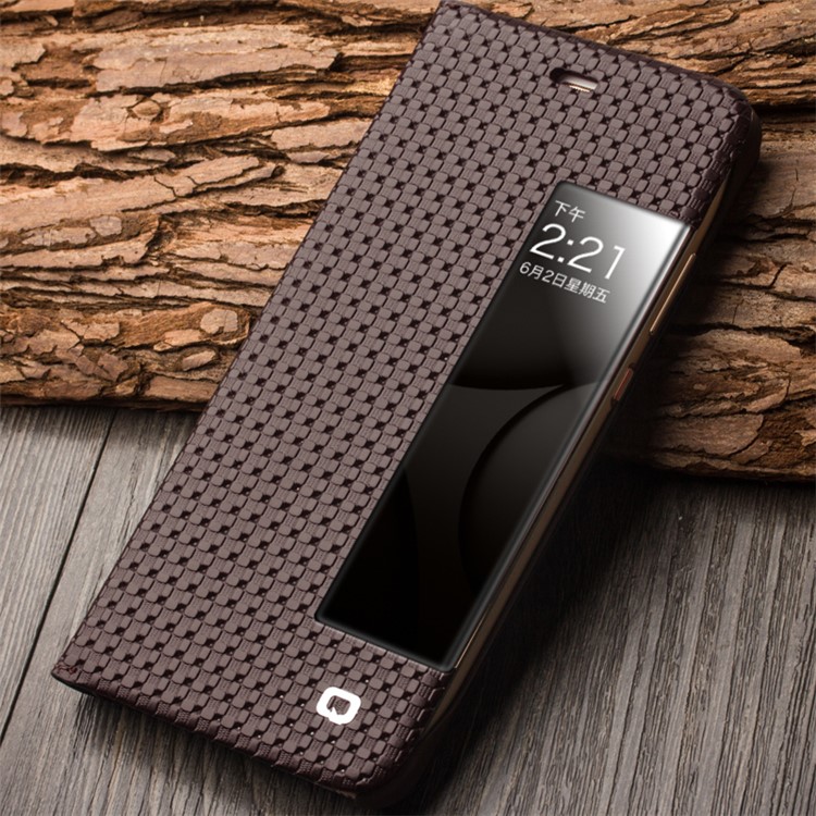 QIALINO Gird Pattern Smart View Window Genuine Leather Case for Huawei P10 - Brown-6