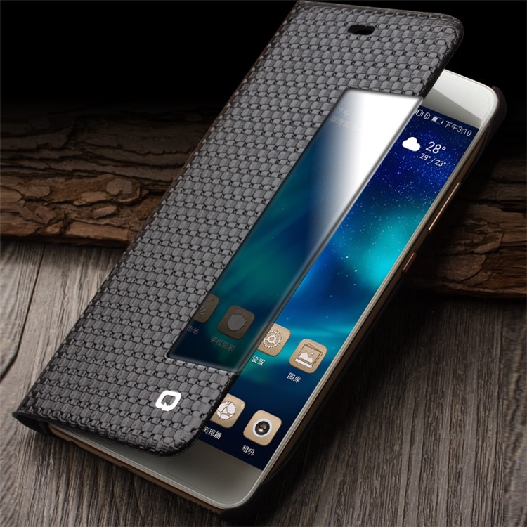 QIALINO Gird Pattern Smart View Window Genuine Leather Case for Huawei P10 Plus - Black-7