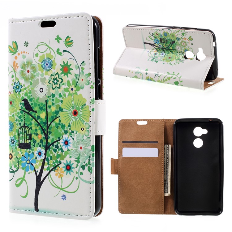 Patterned Wallet Stand Leather Mobile Phone Case for Huawei Honor 6A - Green Flowers Tree Birdcage-1