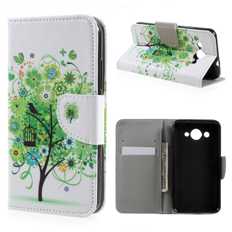 For Huawei Y3 (2017) Patterned PU Leather Card Slots Shell Case - Green Flowers Tree and Bird-1
